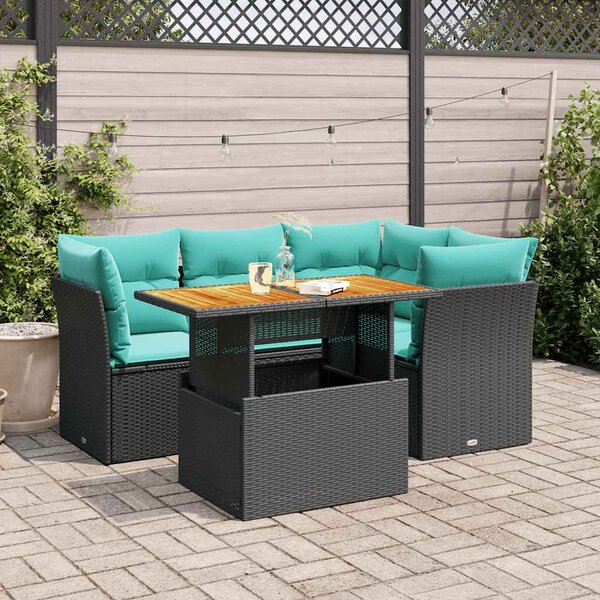 5 részes fekete polyrattan kerti kanapészett párnákkal