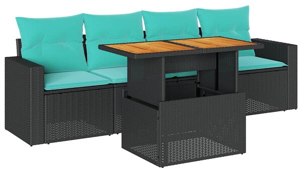 5 részes fekete polyrattan kerti kanapészett párnákkal