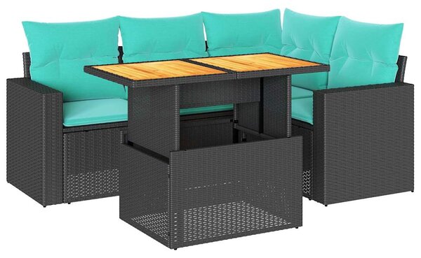 5 részes fekete polyrattan kerti kanapészett párnákkal