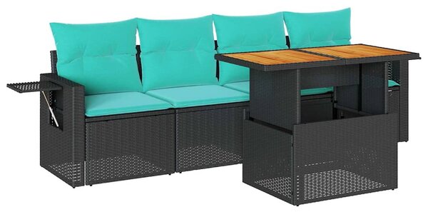 5 részes fekete polyrattan kerti kanapészett párnákkal