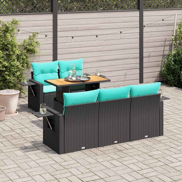 6 részes fekete polyrattan kerti ülőgarnitúra párnákkal