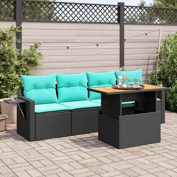 5 részes fekete polyrattan kerti kanapészett párnákkal