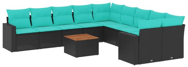 11 részes fekete polyrattan kerti ülőgarnitúra párnákkal