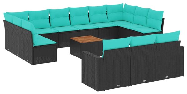 14 részes fekete polyrattan kerti ülőgarnitúra párnákkal