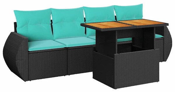 5 részes fekete polyrattan kerti kanapészett párnákkal
