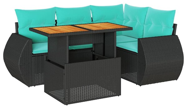 5 részes fekete polyrattan kerti kanapészett párnákkal