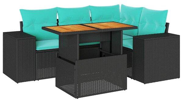 5 részes fekete polyrattan kerti kanapészett párnákkal