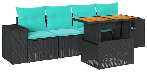 5 részes fekete polyrattan kerti kanapészett párnákkal