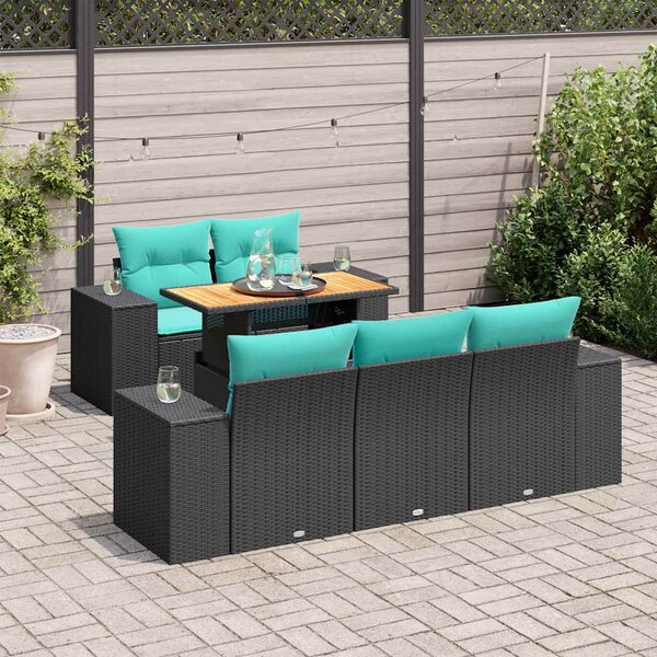 6 részes fekete polyrattan kerti ülőgarnitúra párnákkal