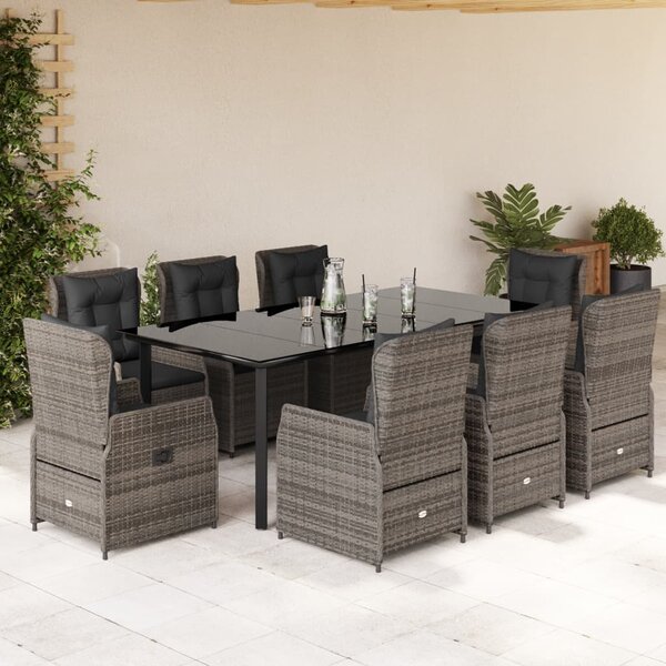 9 részes szürke polyrattan kerti étkezőgarnitúra párnával