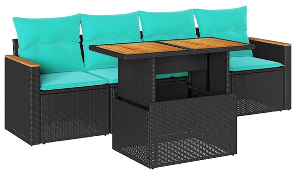 5 részes fekete polyrattan kerti kanapészett párnákkal