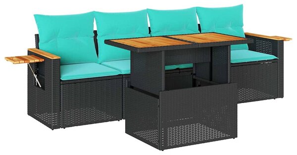 5 részes fekete polyrattan kerti kanapészett párnákkal