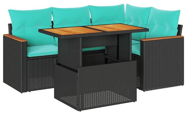 5 részes fekete polyrattan kerti kanapészett párnákkal
