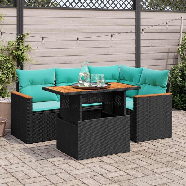 5 részes fekete polyrattan kerti kanapészett párnákkal