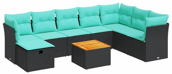 9 részes fekete polyrattan kerti ülőgarnitúra párnákkal