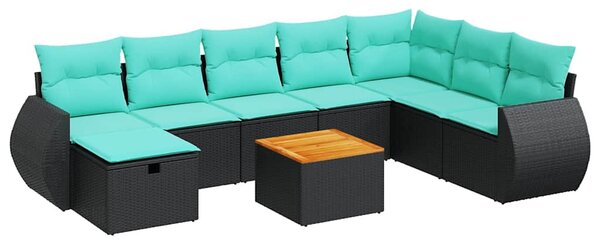 9 részes fekete polyrattan kerti ülőgarnitúra párnákkal