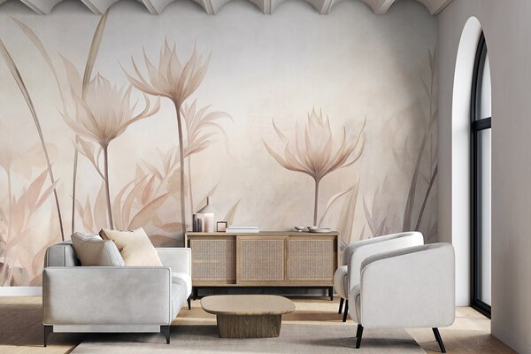 Fotótapéta Texturált, áttetsző virágok lágy barack- és bézs árnyalatokban, hosszú szárakkal és lombozattal, Fotótapéta egyedi, w10028 : Uwalls.hu