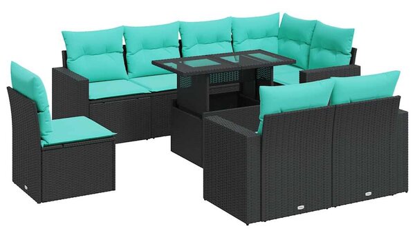 9 részes fekete polyrattan akácfa kerti ülőgarnitúra párnákkal