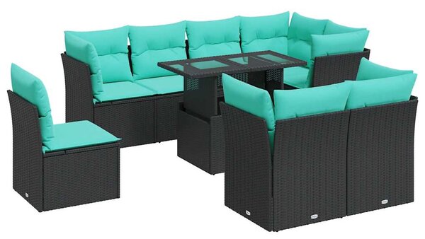 9 részes fekete polyrattan akácfa kerti ülőgarnitúra párnákkal