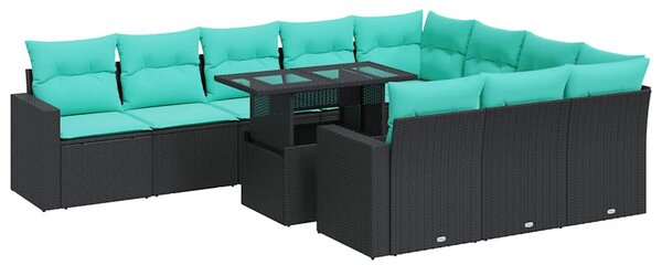 11 részes fekete polyrattan akácfa kerti ülőgarnitúra párnákkal