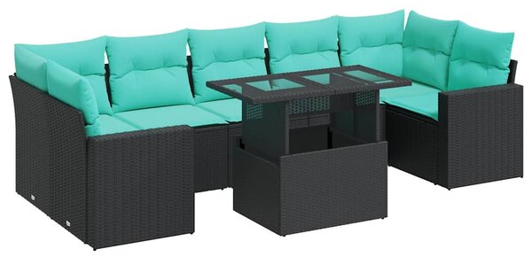 8 részes fekete polyrattan akácfa kerti ülőgarnitúra párnákkal