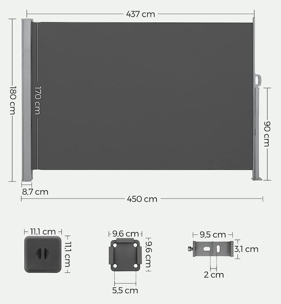 Oldalsó napellenző, 180 x 450 cm, füstszürke