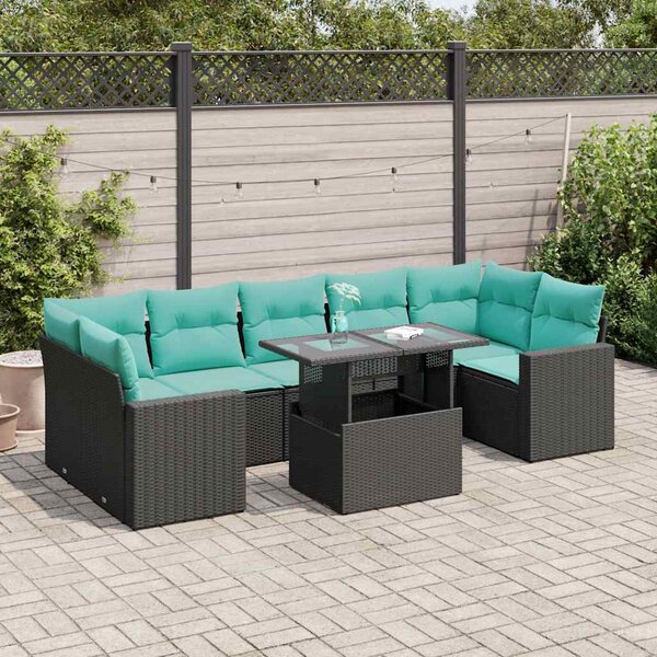 8 részes fekete polyrattan akácfa kerti ülőgarnitúra párnákkal