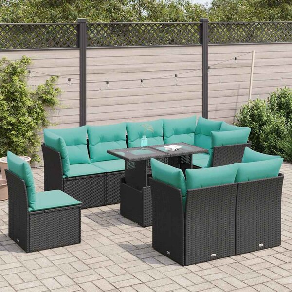 9 részes fekete polyrattan akácfa kerti ülőgarnitúra párnákkal