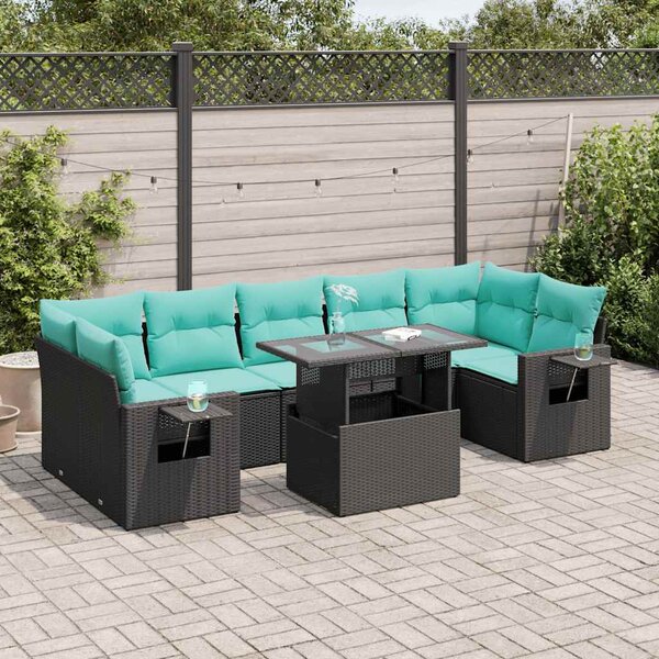 8 részes fekete polyrattan akácfa kerti ülőgarnitúra párnákkal