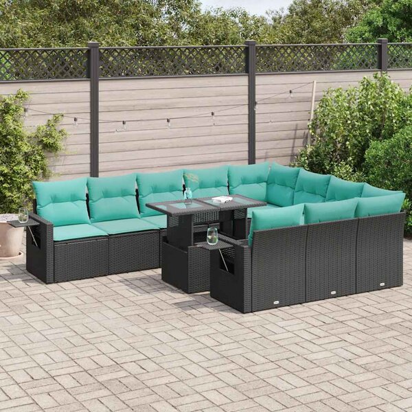 11 részes fekete polyrattan akácfa kerti ülőgarnitúra párnákkal