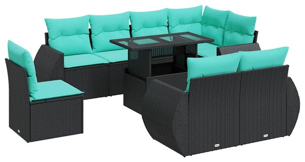 9 részes fekete polyrattan akácfa kerti ülőgarnitúra párnákkal
