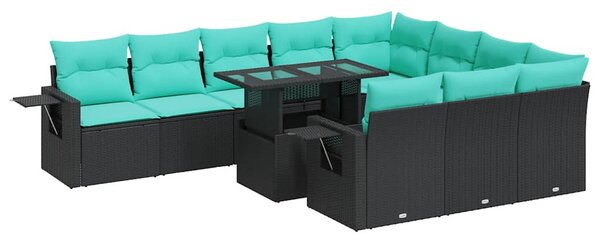 11 részes fekete polyrattan akácfa kerti ülőgarnitúra párnákkal
