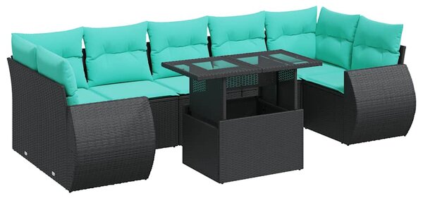 8 részes fekete polyrattan akácfa kerti ülőgarnitúra párnákkal