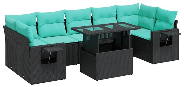 8 részes fekete polyrattan akácfa kerti ülőgarnitúra párnákkal