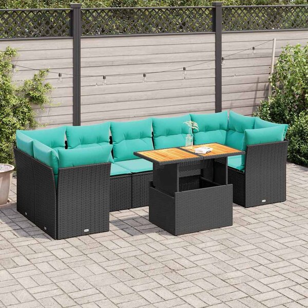 8 részes fekete polyrattan kerti ülőgarnitúra párnákkal