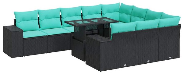 11 részes fekete polyrattan akácfa kerti ülőgarnitúra párnákkal