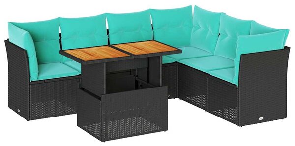 7 részes fekete polyrattan kerti ülőgarnitúra párnával