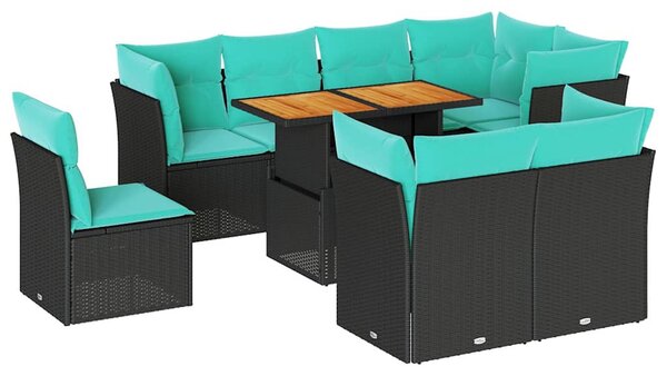 9 részes fekete polyrattan kerti ülőgarnitúra párnákkal