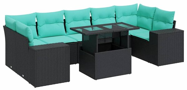 8 részes fekete polyrattan akácfa kerti ülőgarnitúra párnákkal
