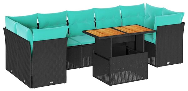8 részes fekete polyrattan kerti ülőgarnitúra párnákkal