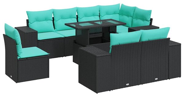 9 részes fekete polyrattan akácfa kerti ülőgarnitúra párnákkal