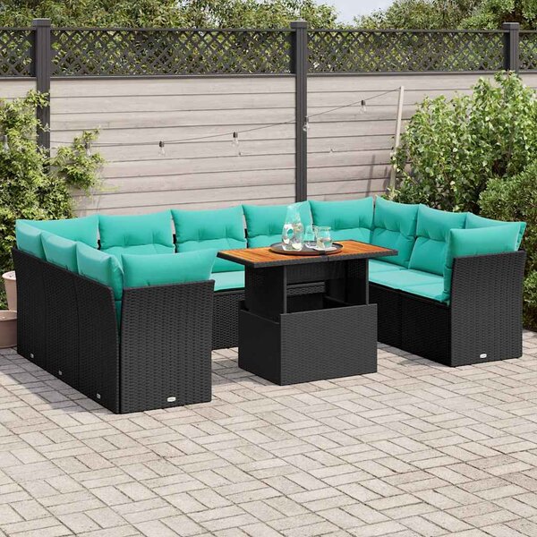 10 részes fekete polyrattan kerti ülőgarnitúra párnákkal