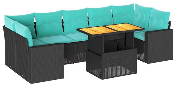8 részes fekete polyrattan kerti ülőgarnitúra párnákkal