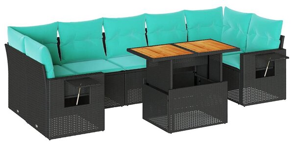 8 részes fekete polyrattan kerti ülőgarnitúra párnákkal