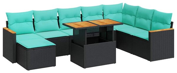 9 részes fekete polyrattan kerti ülőgarnitúra párnákkal