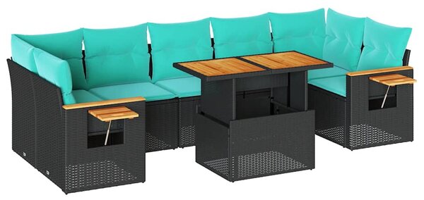 8 részes fekete polyrattan kerti ülőgarnitúra párnákkal