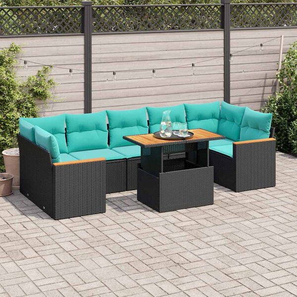 8 részes fekete polyrattan kerti ülőgarnitúra párnákkal