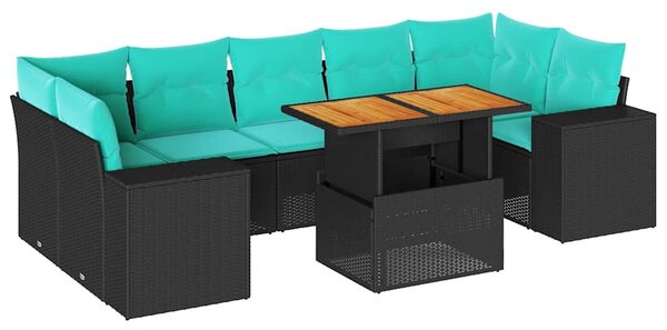 8 részes fekete polyrattan kerti ülőgarnitúra párnákkal