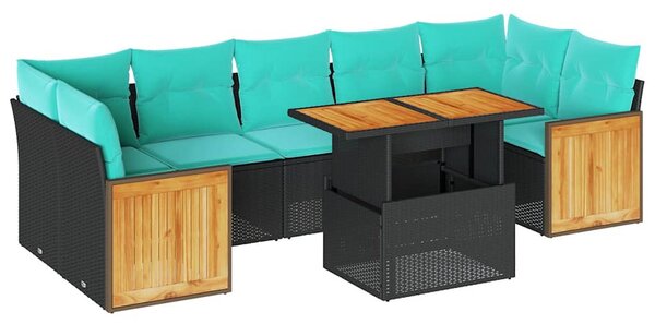 10 részes fekete polyrattan akácfa kerti ülőgarnitúra párnákkal