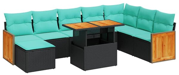 11 részes fekete polyrattan akácfa kerti ülőgarnitúra párnákkal